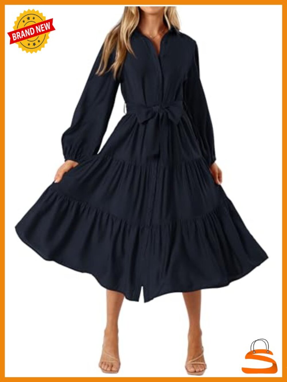 Womens Long Sleeve Midi Dress Button Down V-Neck Tie Waist A-Line
